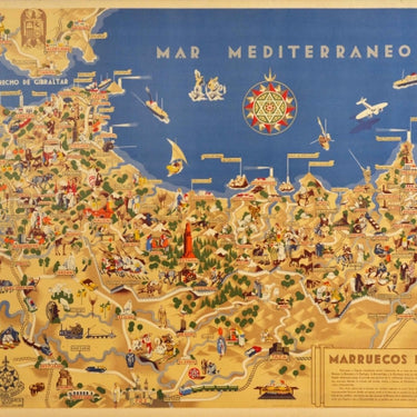 Spanish Morocco Art Deco Mediterranean Illustrated Map