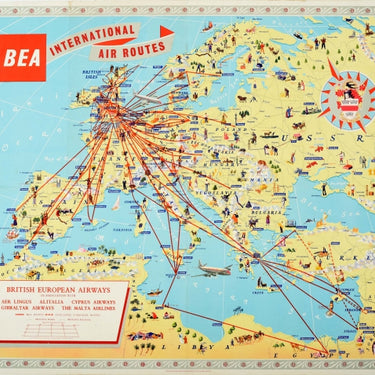 BEA British European Airways International Air Route Map