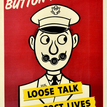 Loose Talk Can Cost Lives Button Your Lip WWII USA